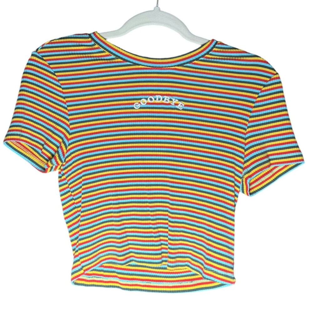 Forever 21 Sz M Ribbed Embroidered "GOODBYE" Colorful Striped Ribbed Baby T Top